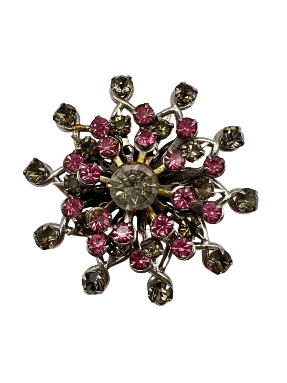 Vintage Rhinestone Starburst Brooch Pin Gray Atomic Mid Century Floral 1.75"
